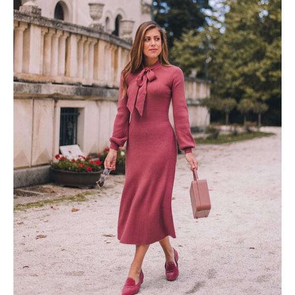 Gal Meets Glam Dresses & Skirts - Gal Meets Glam Knit Pink Tie Neck Long Sleeve Sweater Dress Midi Medium Brianna